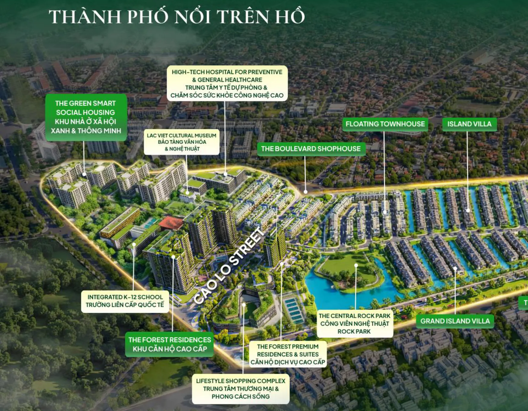 Phối cảnh phân khu có chú thích The Forest Resort Flamingo Cổ Loa City